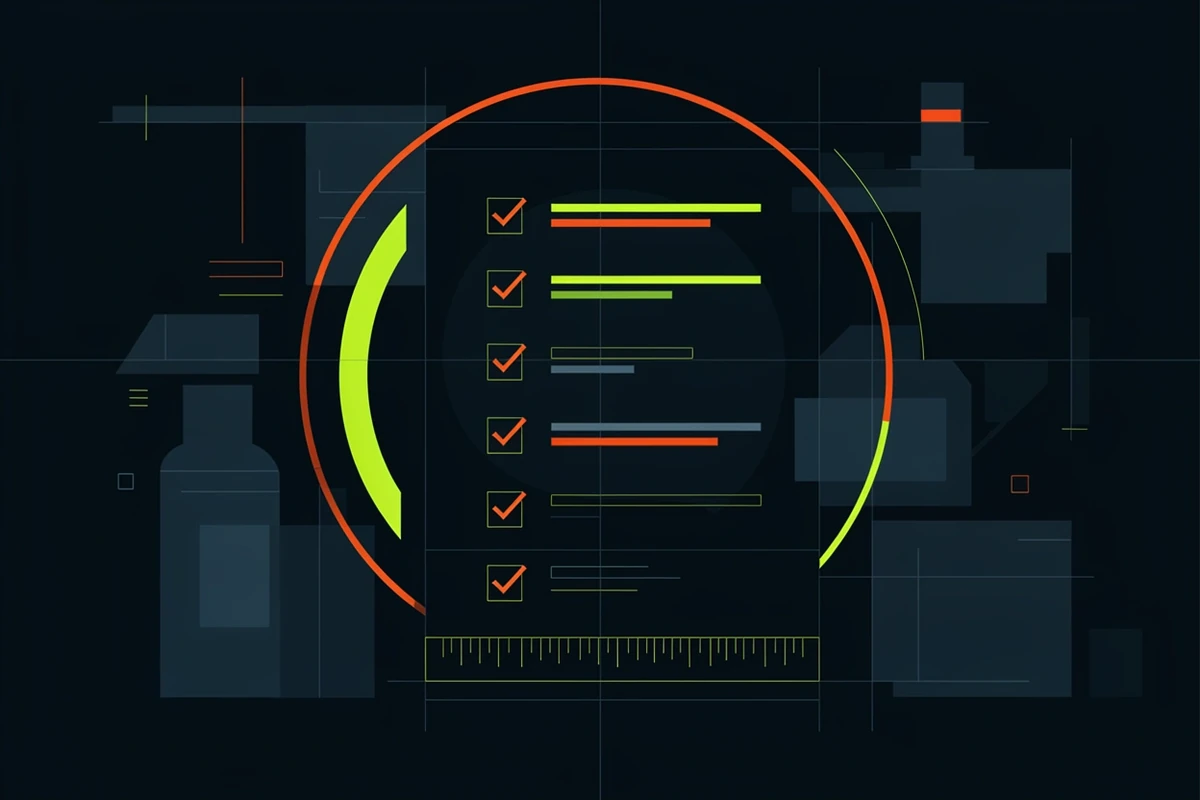 Cible de mesure concentrique, encadré de liste de contrôle à cinq lignes cochées et réglet gradué sur fond de grille technique